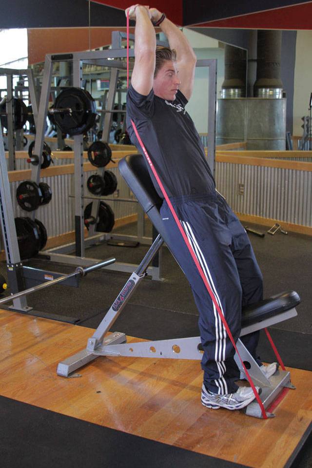 Tricepsová extenze nad hlavou s gumou: Konec